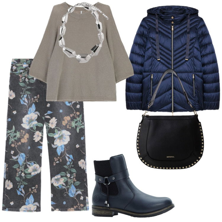 Outfit donna - Compere. per Tutti i giorni. Abbinamento con stivaletti chelsea, maglieria, borse a spalla, piumini, jeans, ciondoli.