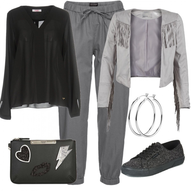 Outfit donna - Basic #1003. Stile Basic per Tutti i giorni. Abbinamento con pantaloni, blusa collo a v a maniche lunghe crêpe, scarpe nero, giacca grigio, pochette, orecchini in sterling 925 argento.