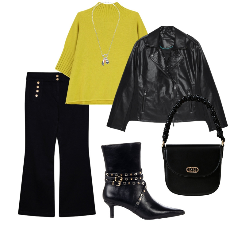 Outfit donna - Al cinema. per Serata fuori. Abbinamento con stivaletti, borse a mano, maglieria, ciondoli, jeans, giacche.