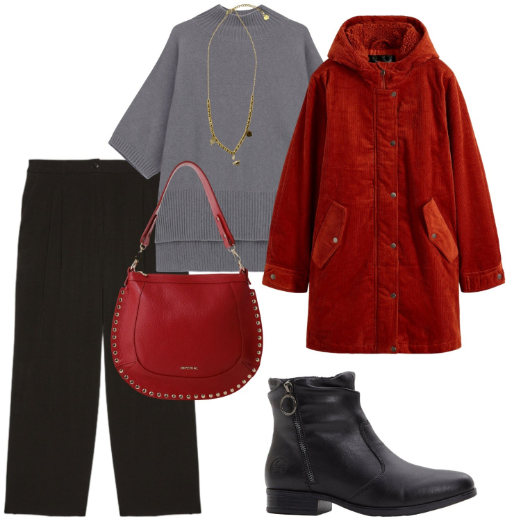 Outfit donna - Autunno. per Tutti i giorni. Abbinamento con parka, stivaletti, maglieria, borse a spalla, ciondoli, pantaloni.