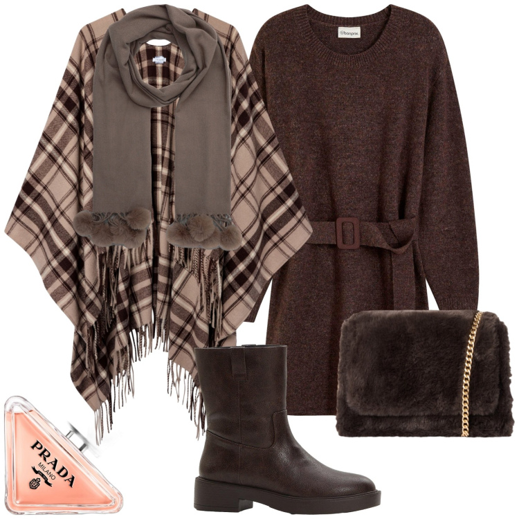 Outfit donna - Autunno. Stile Casual chic per Tutti i giorni. Abbinamento con vestiti corti, stivaletti, profumi, cappotti, borse a tracolla, sciarpe.