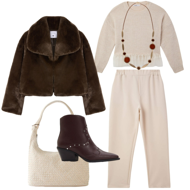 Outfit donna - Eleganza consapevole. Stile Chic per Ufficio. Abbinamento con shopping bag, stivaletti texani, pantaloni, ecopellicce, maglieria, collane.