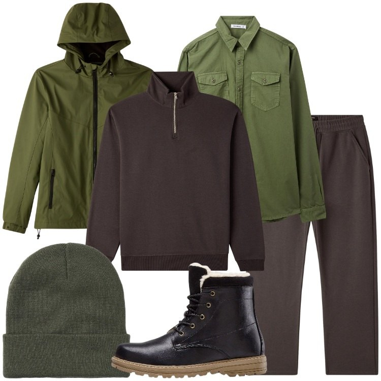 Outfit uomo - Weekend in campagna. Stile Trendy per Tutti i giorni. Abbinamento con stivali e stivaletti, camicie, giacche sportive, pantaloni, berretti, felpe.