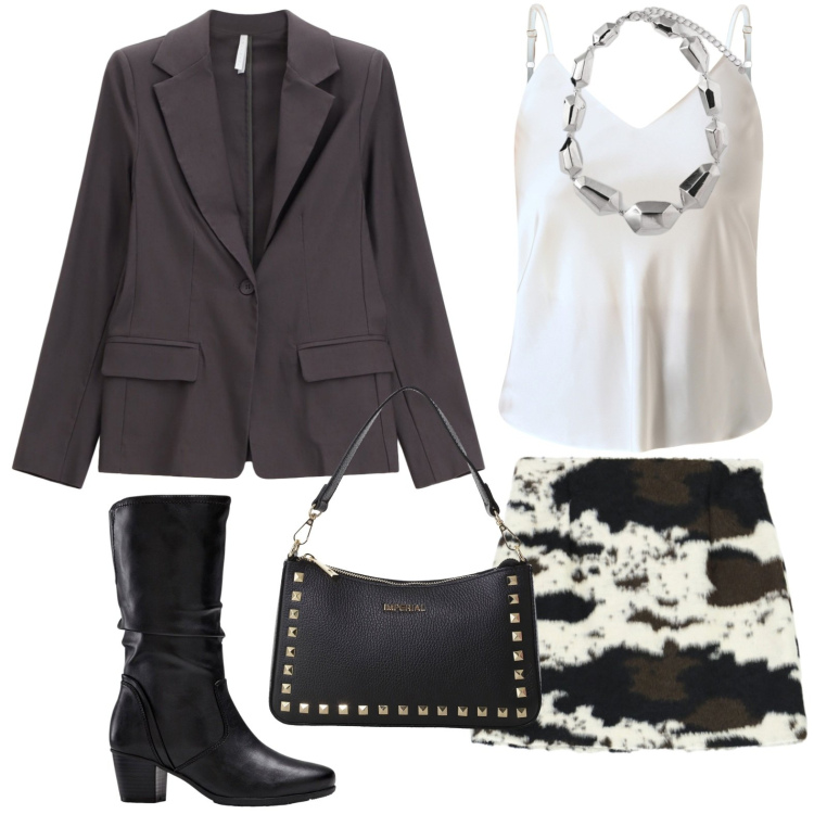 Outfit donna - Stampa effetto pelliccia. Stile Trendy per Serata fuori. Abbinamento con stivali, minigonne, top, pochette, blazer, ciondoli.