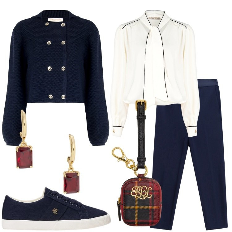 Outfit donna - La giacca in lana - Focus Donna Curvy. Stile Preppy per Ufficio. Abbinamento con bluse, blazer, pantaloni, sneakers, pochette, orecchini.