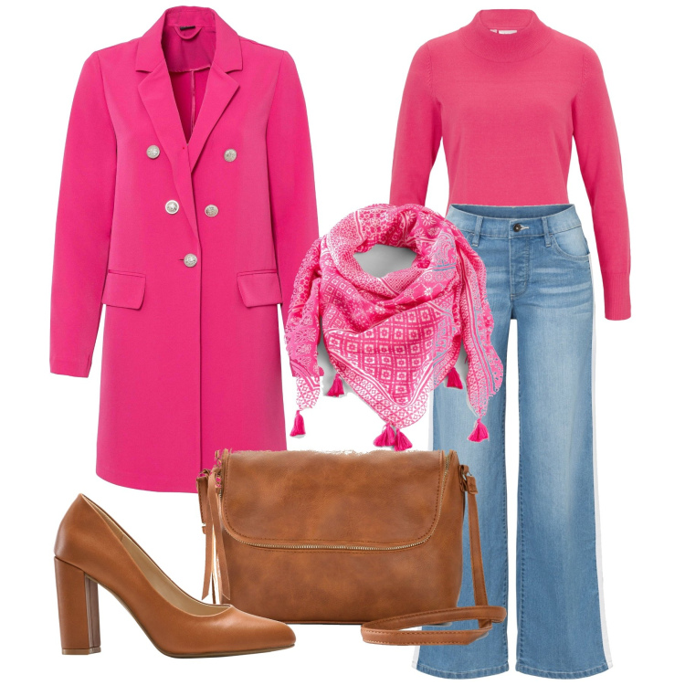 Outfit femme - Octobre. Style Casual chic pour Tous les jours. Assortir avec foulards, pulls, blazers, jeans, chaussures à talon, sacs en bandoulière.