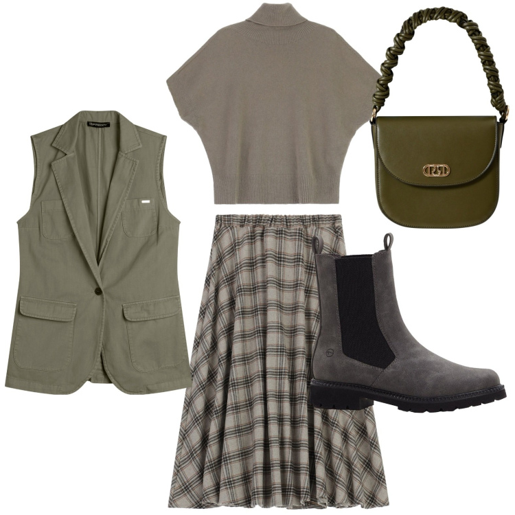 Outfit donna - Allure sofisticata. Stile Minimal per Tutti i giorni. Abbinamento con stivaletti chelsea, gonne longuette, borse a mano, maglieria, gilet.