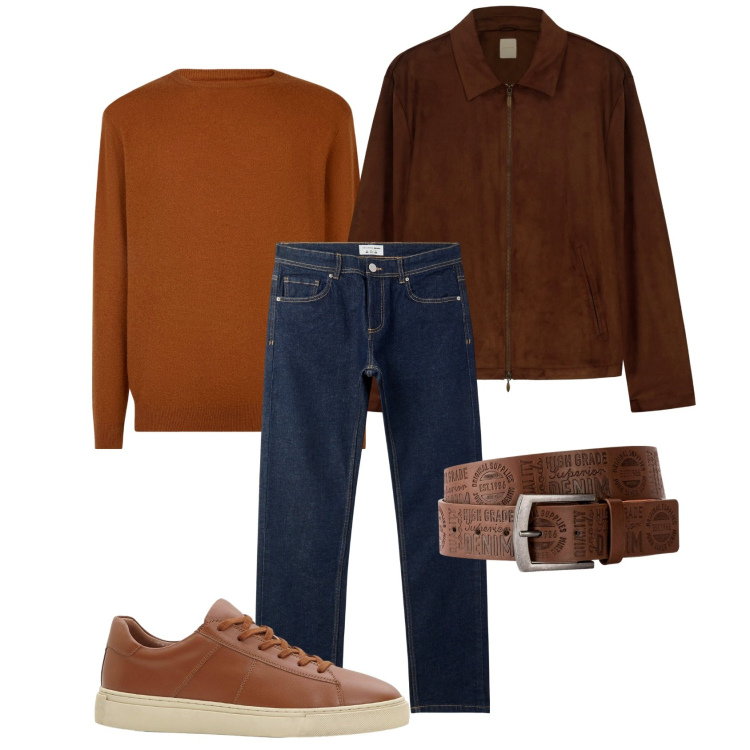 Outfit uomo - Total look cammello. Stile Trendy per Tutti i giorni. Abbinamento con cinture, sneakers, jeans, maglieria, giacche.