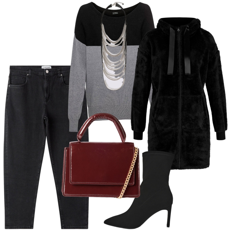 Outfit donna - Nero e grigio. per Tutti i giorni. Abbinamento con maglieria, blazer, jeans mom, borse a tracolla, stivali, collane.