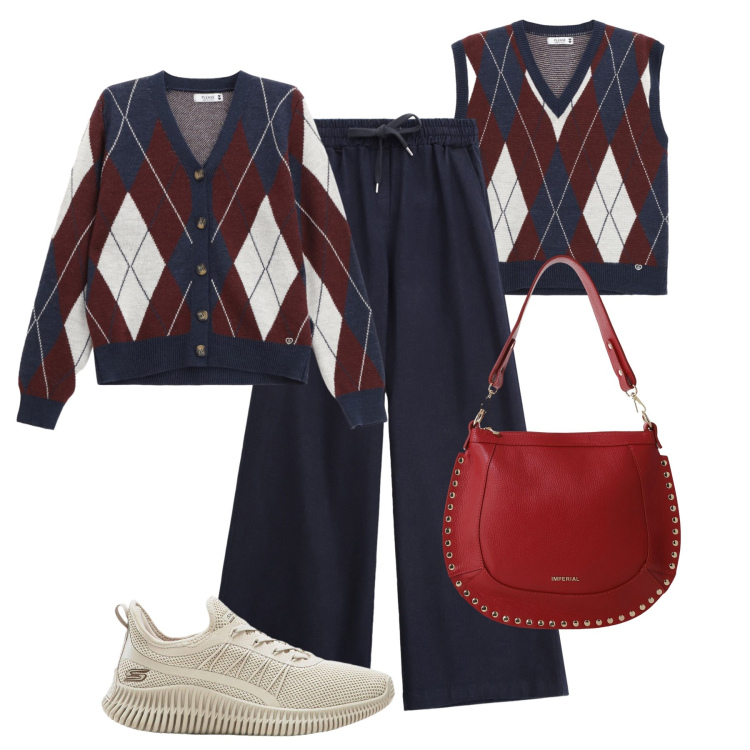 Outfit donna - Twinset all’università. Stile Sporty chic per Scuola/Università. Abbinamento con sneakers, cardigans, gilet, jeans, borse a spalla.