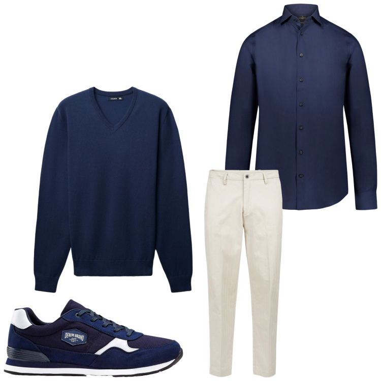 Outfit uomo - Bianco e blu. Stile Casual per Tutti i giorni. Abbinamento con sneakers, maglieria, camicie, pantaloni.