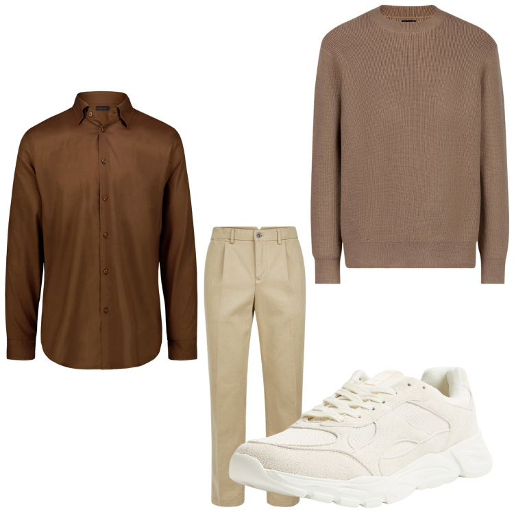 Outfit uomo - Questione di beige. Stile Casual per Tutti i giorni. Abbinamento con sneakers, maglieria, camicie, pantaloni.