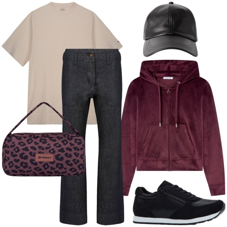Outfit donna - Total look #2267532. Stile Sporty chic per Tutti i giorni. Abbinamento con sneakers, felpe con cappuccio, cappelli con visiera, borse a spalla, pantaloni, vestiti lunghi.