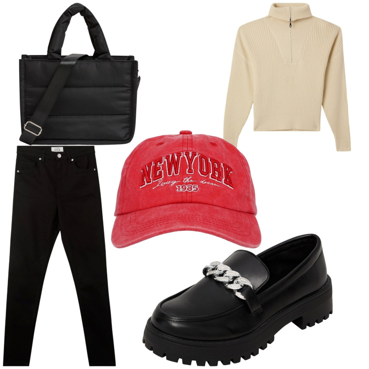 Outfit donna - Terranova mid season. Stile Casual per Tutti i giorni. Abbinamento con mocassini, shopping bag, maglieria, pantaloni skinny, cappelli.