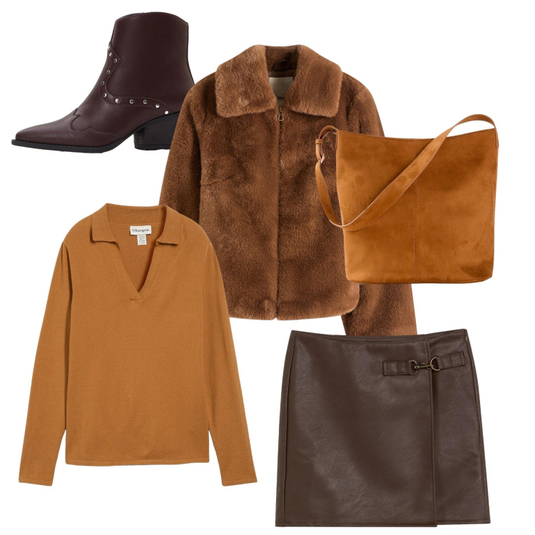 Outfit donna - La stagione dei marroni. Stile Urban per Tutti i giorni. Abbinamento con polo, gonne, borse a mano, ecopellicce, stivaletti texani.