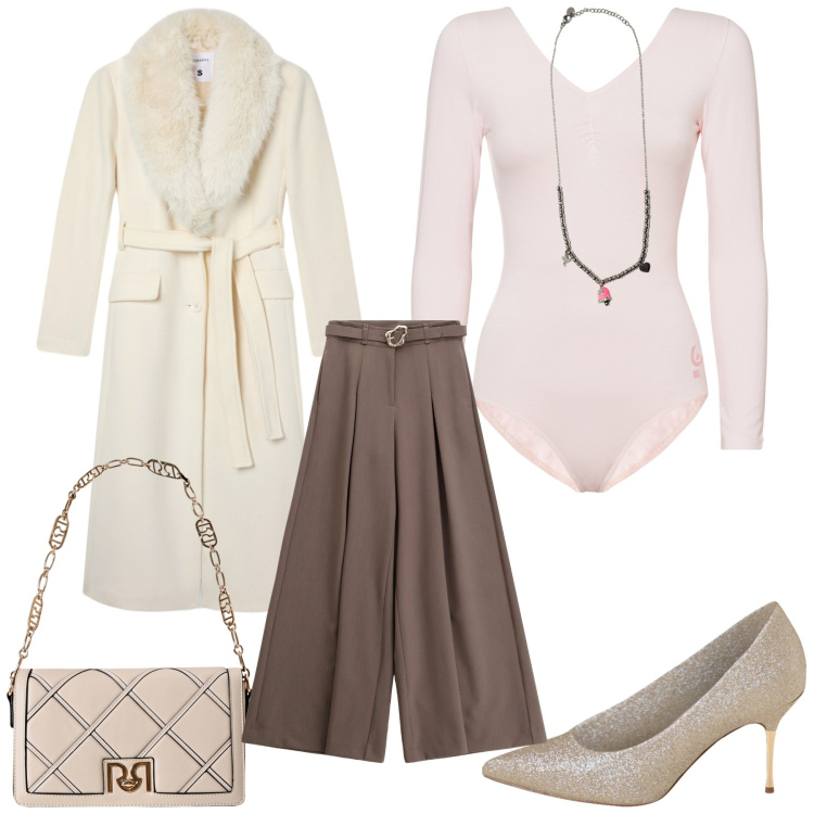 Outfit donna - Domenica in centro. Stile Chic Abbinamento con cappotti, borse a tracolla, décolleté, pantaloni, body, ciondoli.