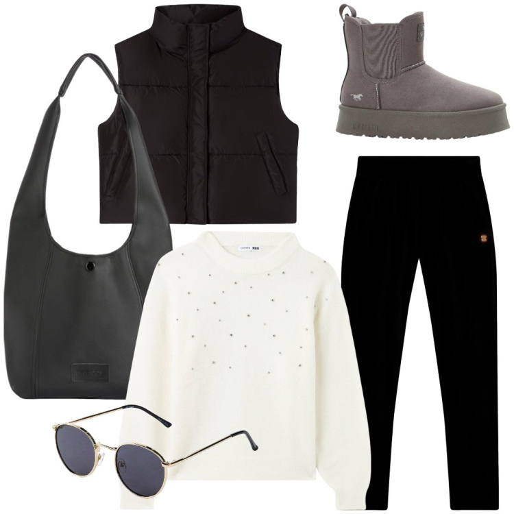Outfit donna - Urban style. Stile Urban per Tutti i giorni. Abbinamento con occhiali da sole, stivaletti, maglieria, piumini, pantaloni, borse a spalla.