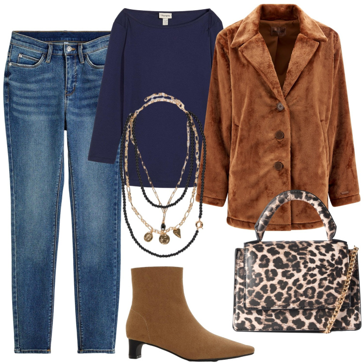 Outfit donna - Serata con gli amici. Stile Casual chic per Tutti i giorni. Abbinamento con jeans skinny, stivaletti, maglieria, borse a tracolla, cappotti, collane.