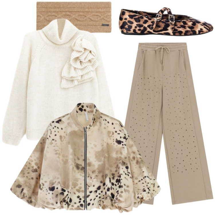 Outfit donna - Gusto nei dettagli. Stile Casual chic per Ufficio. Abbinamento con maglieria, ballerine, bomber, pantaloni, accessori per capelli.