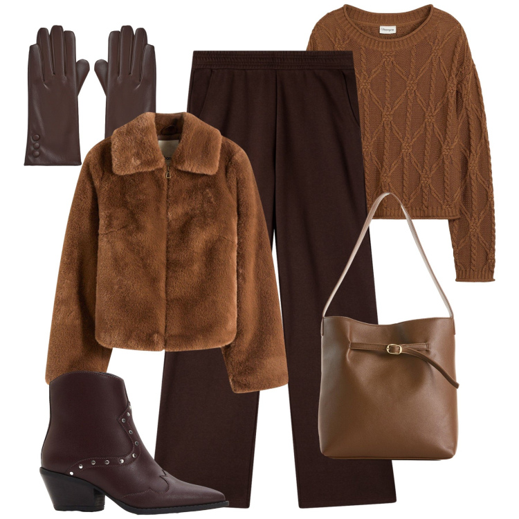 Outfit donna - Sfumature di marrone. Stile Sporty chic per Tutti i giorni. Abbinamento con ecopellicce, maglieria, borse a mano, stivaletti texani, pantaloni, guanti.
