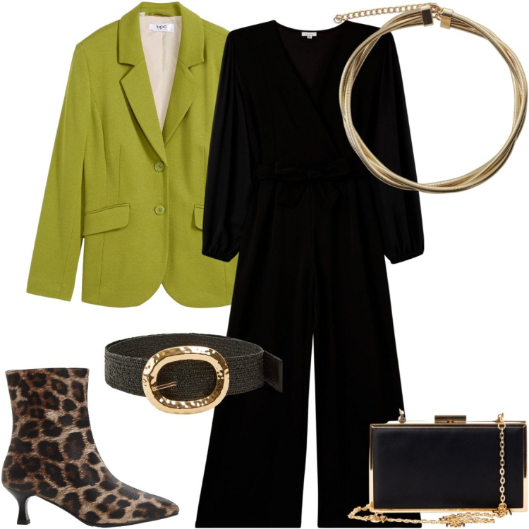 Outfit donna - Serata glam. Stile Glamour per Serata fuori. Abbinamento con blazer, stivaletti, tute, cinture, pochette, collane.