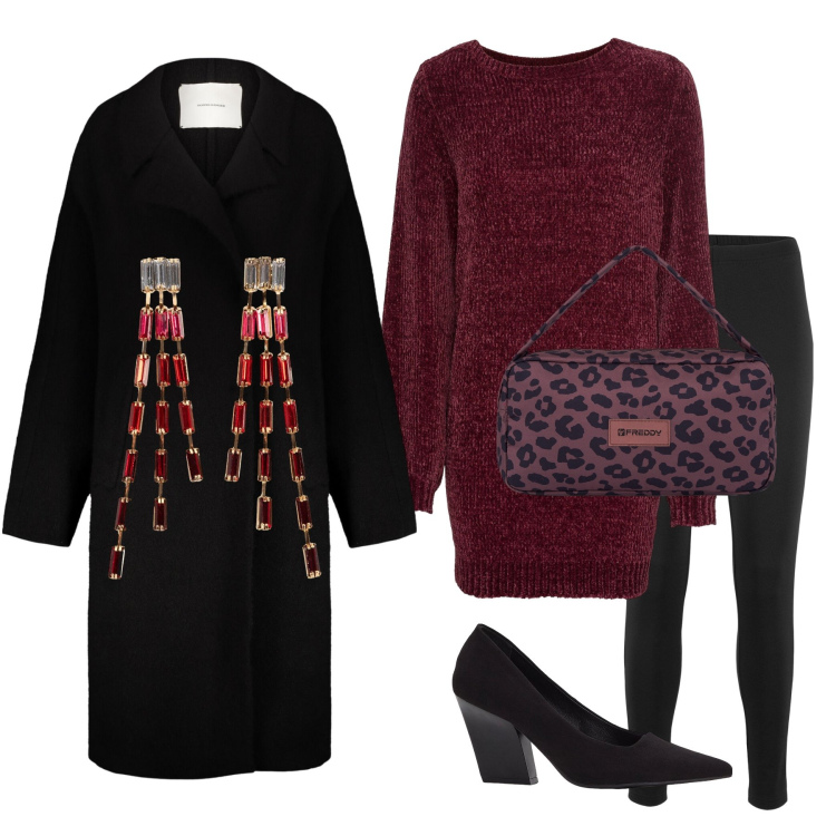 Outfit donna - Rosso rubino. Stile Trendy per Serata fuori. Abbinamento con maglieria, leggings, décolleté, orecchini, borse a spalla, cappotti.