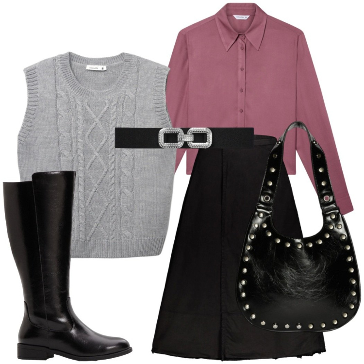Outfit donna - Gilet must have di stagione. Stile Chic per Ufficio. Abbinamento con stivali, camicie, maglieria, cinture, gonne lunghe, borse a spalla.