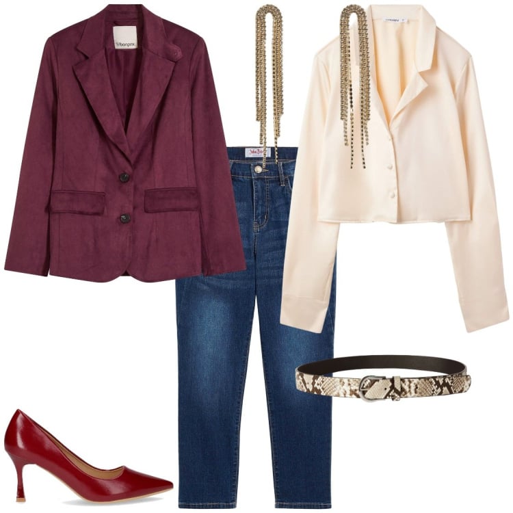 Outfit donna - In jeans. Stile Casual chic per Serata fuori. Abbinamento con jeans slim fit, blazer, orecchini, camicie, cinture, décolleté.