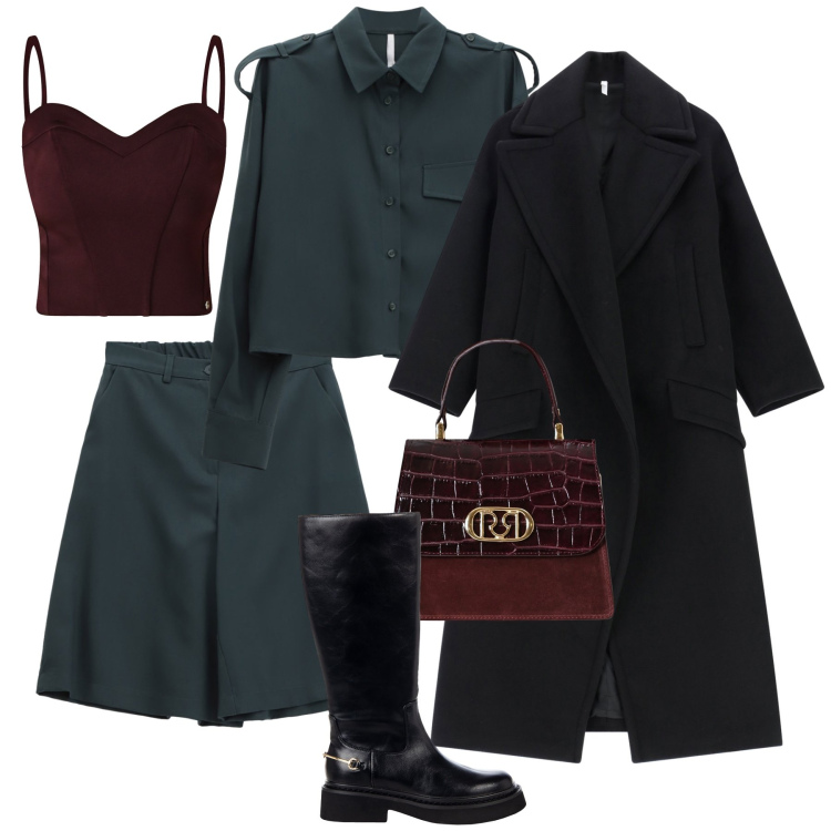 Outfit donna - Bermuda a cena. Stile Chic per Serata fuori. Abbinamento con top, borse a mano, stivali sopra il ginocchio, shorts, cappotti, camicie.