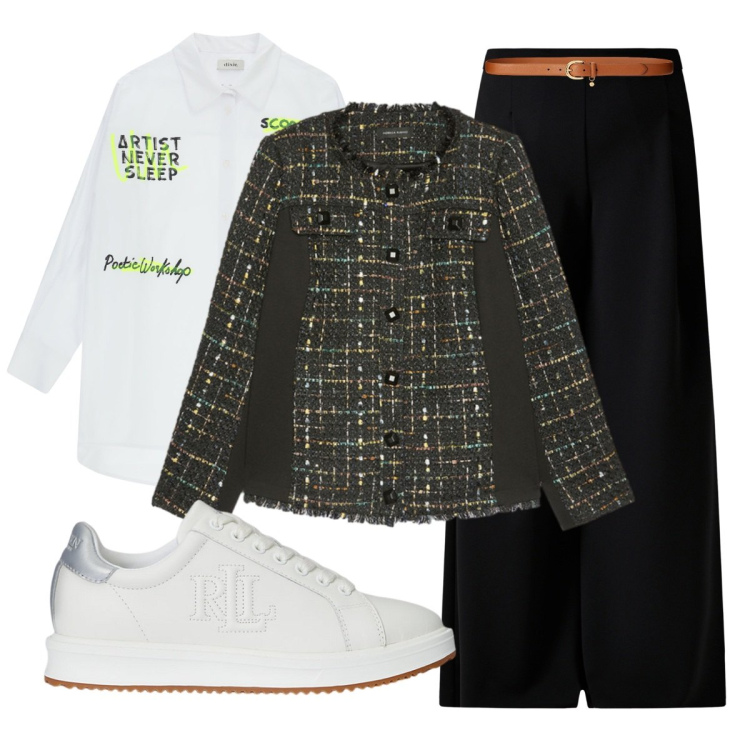 Outfit donna - Total look #2267552. Stile Casual chic per Ufficio. Abbinamento con camicie, pantaloni a palazzo, cinture, sneakers, blazer.