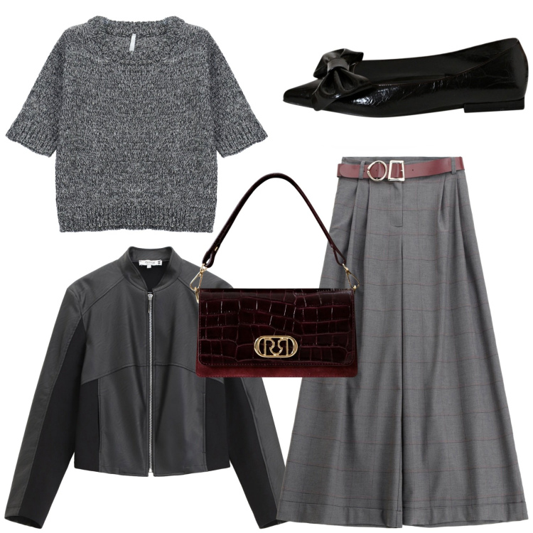 Outfit donna - Perfetta in ufficio. Stile Trendy per Ufficio. Abbinamento con ballerine, borse a mano, blazer, pantaloni, maglieria.