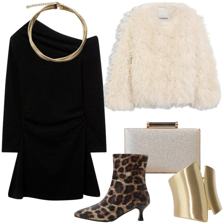 Outfit donna - Serata evento. Stile Glamour per Serata fuori. Abbinamento con stivaletti, ecopellicce, vestiti asimmetrici, clutch, anelli, collane.