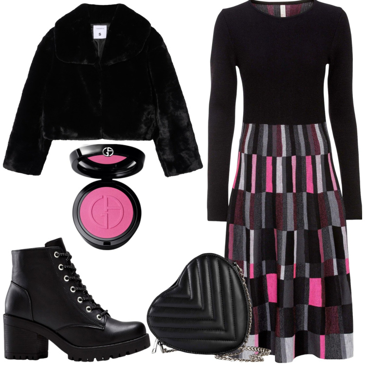 Outfit donna - Total look #2267555. Stile Chic per Serata fuori. Abbinamento con vestiti, stivaletti, borse a tracolla, blush, ecopellicce.