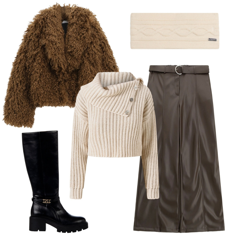 Outfit donna - Apericena. Stile Casual per Serata fuori. Abbinamento con blazer, maglieria, stivali sopra il ginocchio, pantaloni, accessori per capelli.
