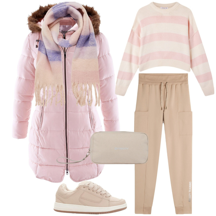 Outfit donna - Total look #2267558. Stile Casual per Tutti i giorni. Abbinamento con giacche, sneakers, sciarpe, maglieria, pantaloni, valigie.