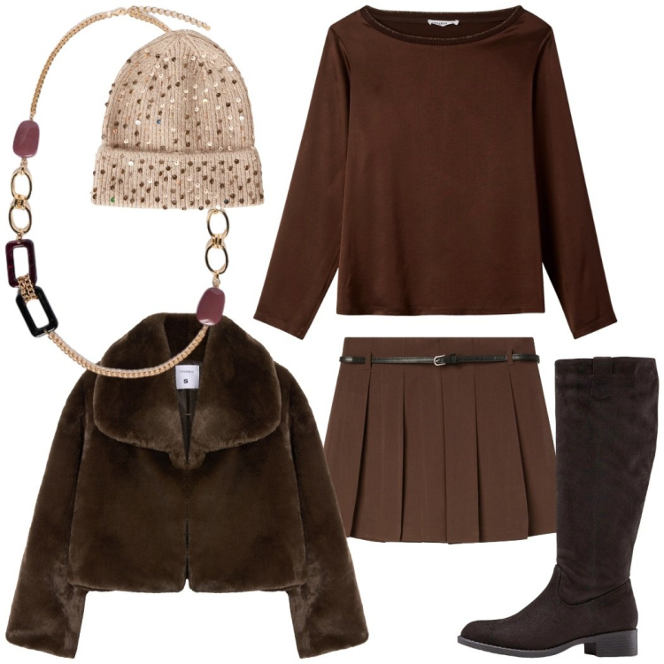 Outfit donna - Cioccolato in tutte le declinazioni. Stile Casual chic per Tutti i giorni. Abbinamento con stivali, bluse, minigonne, berretti, ecopellicce, collane.
