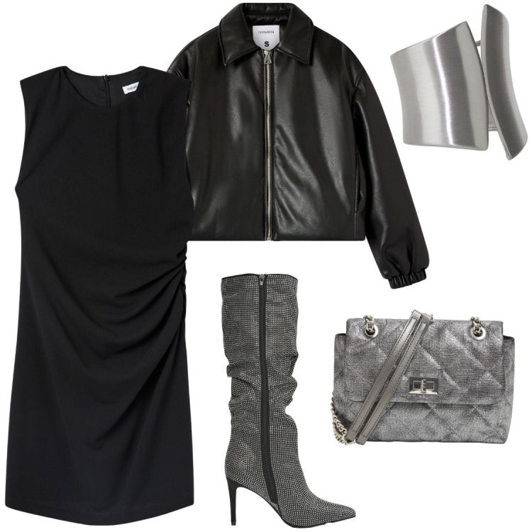Outfit donna - Serata rock. Stile Rock per Serata fuori. Abbinamento con vestiti corti, bomber, stivali, borse a tracolla, anelli.