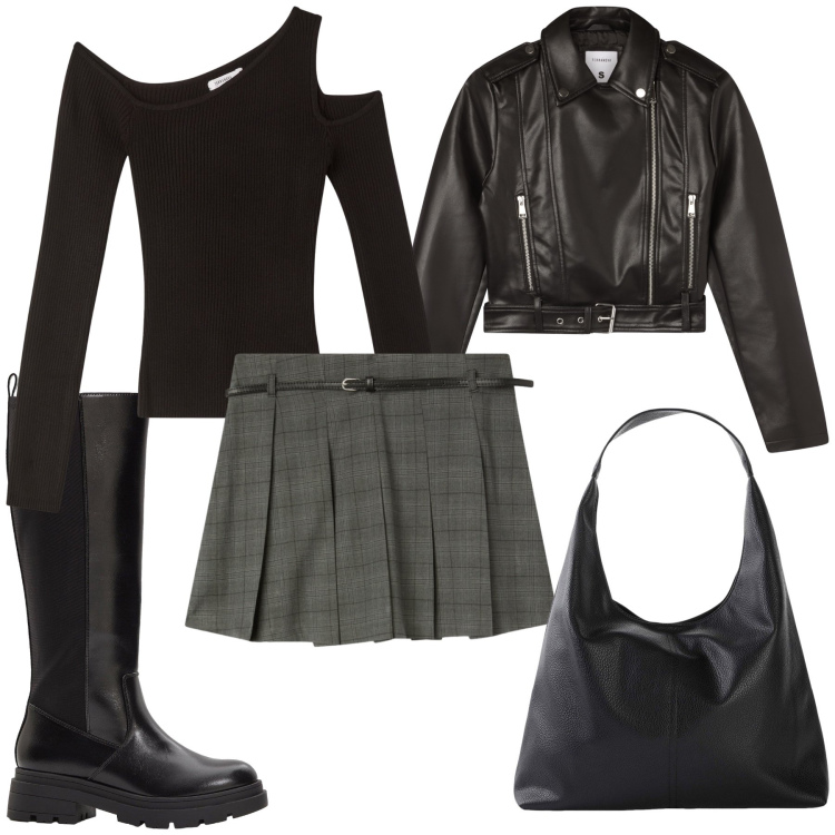 Outfit donna - Mini e boots. Stile Glamour per Tutti i giorni. Abbinamento con shopping bag, stivali, maglieria, giacche, minigonne.