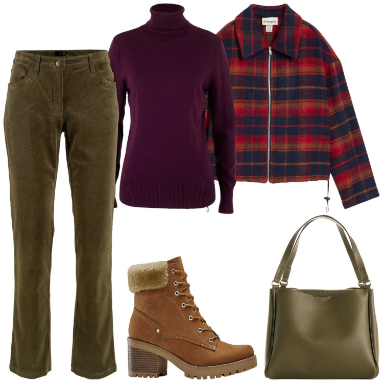 Outfit donna - Tra i boschi. Stile Casual per Tutti i giorni. Abbinamento con pantaloni, maglieria, stivaletti, borse a mano, blazer.