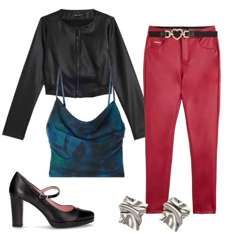 Outfit donna - Serata tra amiche. Stile Glamour per Serata fuori. Abbinamento con canottiere, cinture, pantaloni skinny, giacche, décolleté, orecchini.