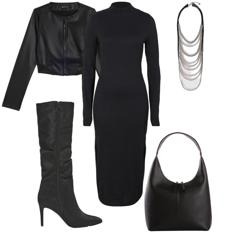 Outfit donna - Con un tubino non si sbaglia mai. Stile Glamour per Serata fuori. Abbinamento con vestiti, shopping bag, stivali, giacche, collane.