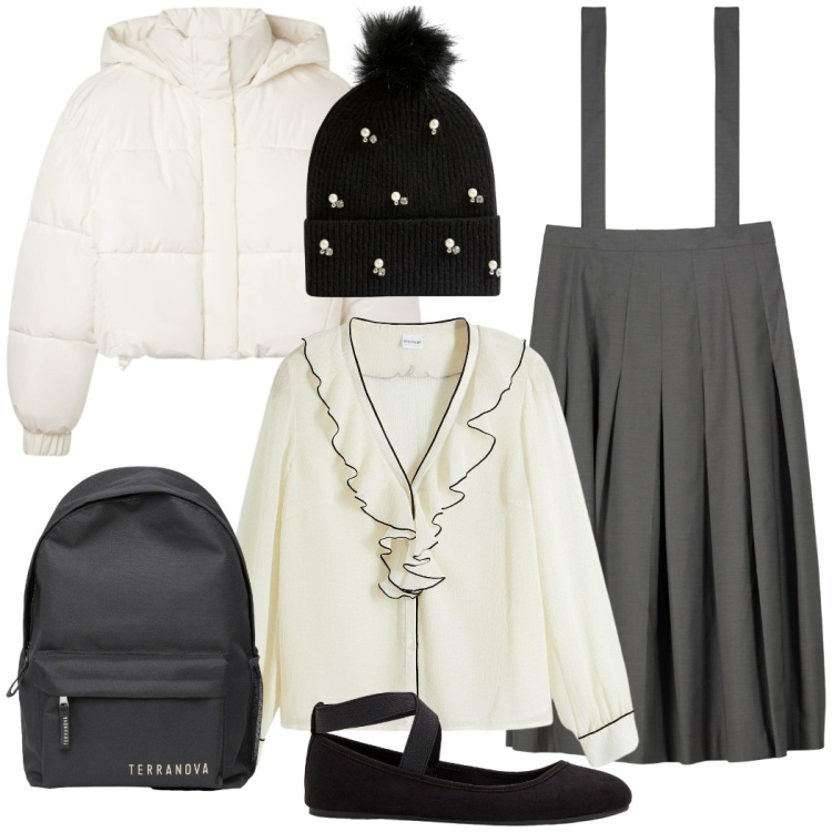 Outfit donna - A lezione. Stile Chic per Scuola/Università. Abbinamento con ballerine, camicie, berretti, zaini, bomber, gonne lunghe.