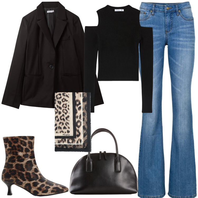 Outfit donna - Quei dettagli maculati. Stile Glamour per Serata fuori. Abbinamento con jeans bootcut, shopping bag, stivaletti, maglieria, blazer, foulard.