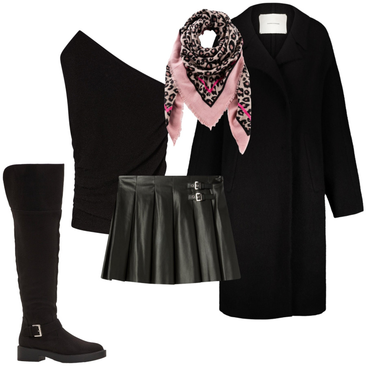 Outfit donna - Un tocco di rosa. Stile Glamour per Serata fuori. Abbinamento con foulard, stivali sopra il ginocchio, top, minigonne, cappotti.