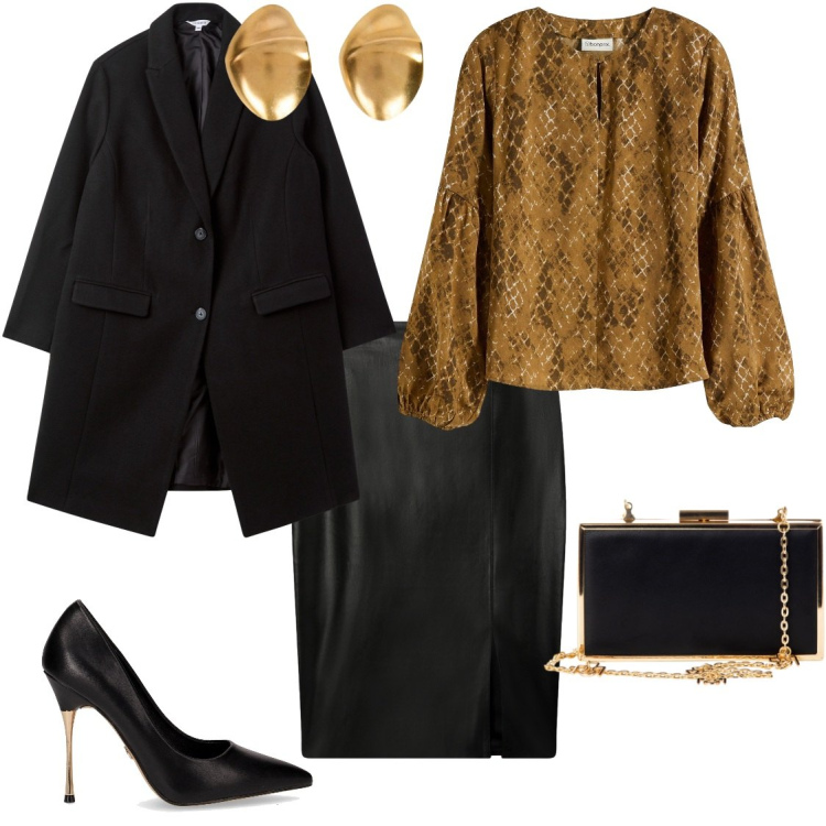 Outfit donna - Woman in black. Stile Glamour per Serata fuori. Abbinamento con bluse, gonne longuette, cappotti, pochette, orecchini, décolleté.