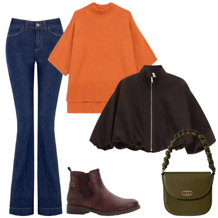 Outfit donna - I colori delle foglie. Stile Casual per Tutti i giorni. Abbinamento con stivaletti chelsea, jeans a zampa, borse a mano, maglieria, bomber.