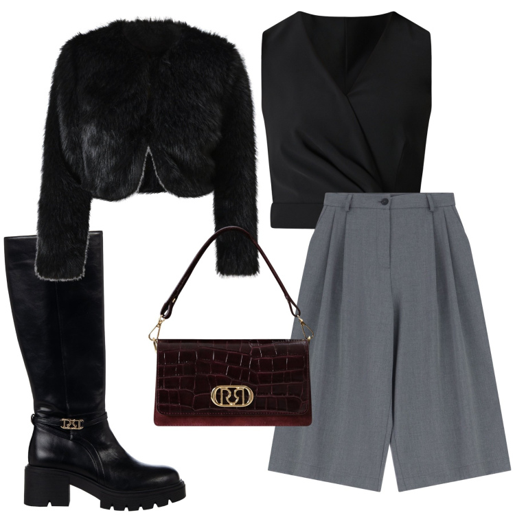 Outfit donna - Bermuda grigi. Stile Glamour per Serata fuori. Abbinamento con stivali sopra il ginocchio, top, blazer, borse a mano, shorts.
