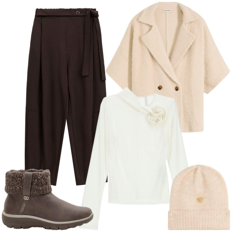 Outfit donna - Color caffellatte da giorno. Stile Casual chic per Tutti i giorni. Abbinamento con cardigans, stivaletti, t-shirt, pantaloni, berretti.