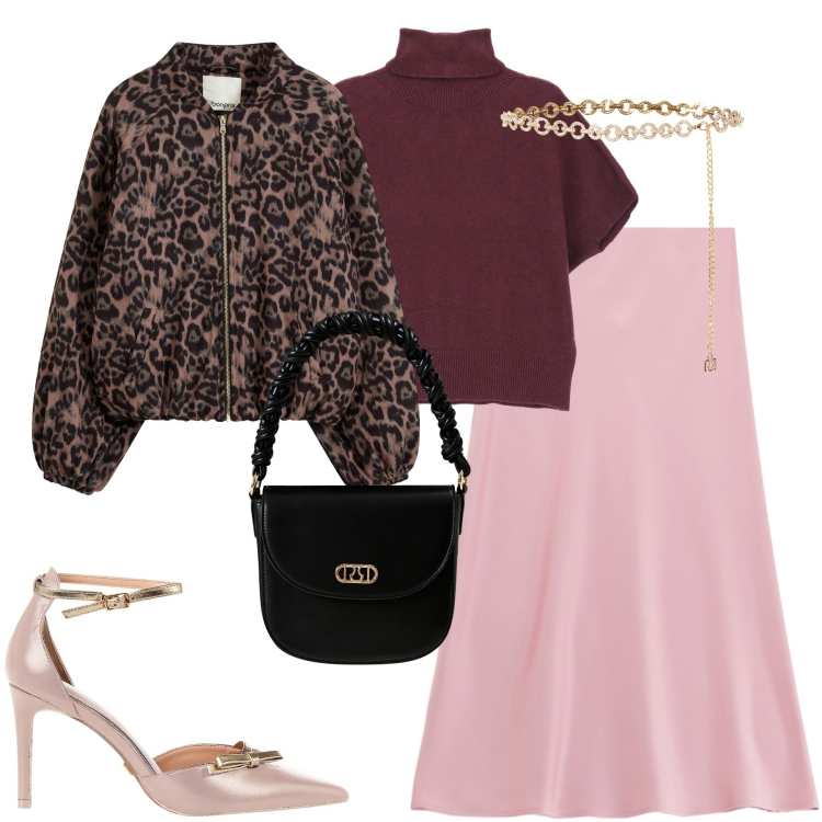 Outfit donna - Total look #2267581. Stile Trendy per Serata fuori. Abbinamento con bomber, cinture, décolleté, borse a mano, maglieria, gonne longuette.