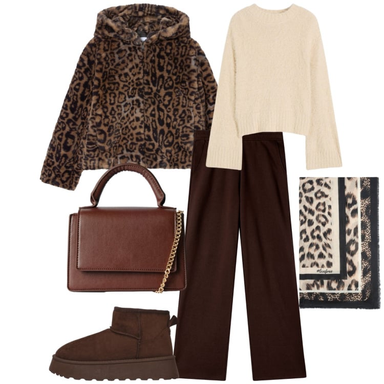 Outfit donna - Total look #2267585. Stile Casual chic per Tutti i giorni. Abbinamento con maglieria, pantaloni, ecopellicce, borse a tracolla, stivaletti, foulard.